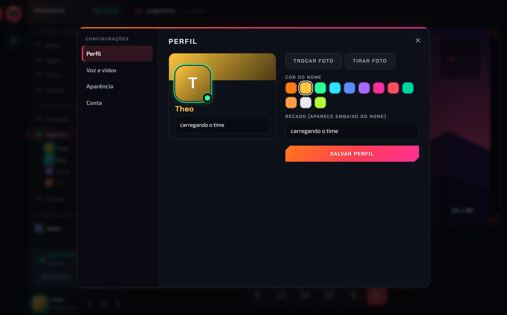 Configurações de perfil do Resenha